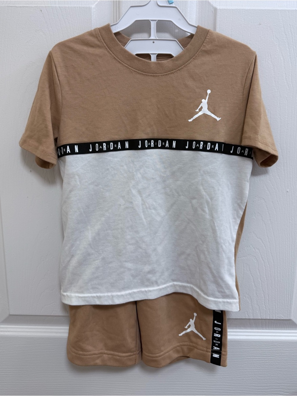 Jordan Kids Tan & White Short Sleeve Set with Logo Trim, Size 5